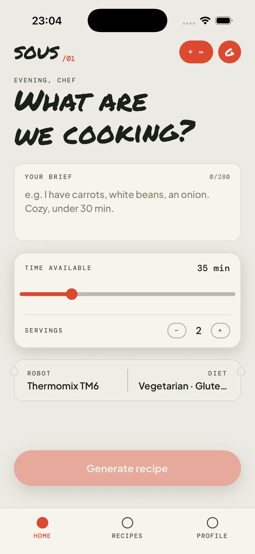 SOUS app — writing a recipe brief